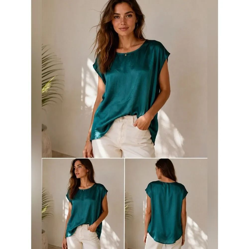 Frenchi Bohemian Satin Tunic Sleeveless Top Green Size L